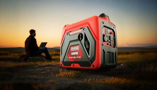 Erayak 4500PD inverter generator with dual-fuel support shown in outdoor setup for RV, camping, or emergency use.