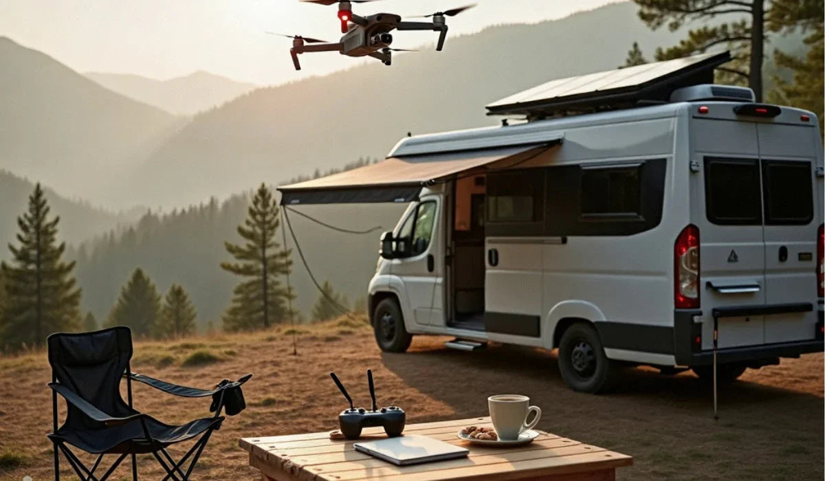 RV parked in nature with outdoor setup, powered by inverter generator