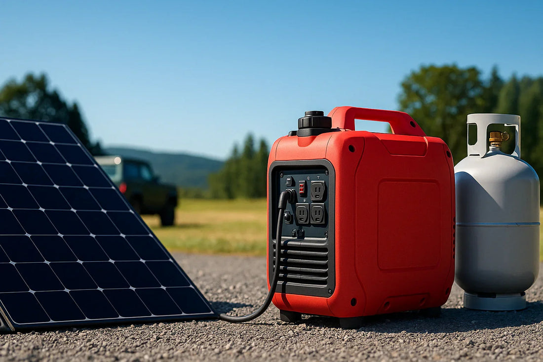 Portable inverter generator connected to propane tank and solar panel in a clean outdoor setup