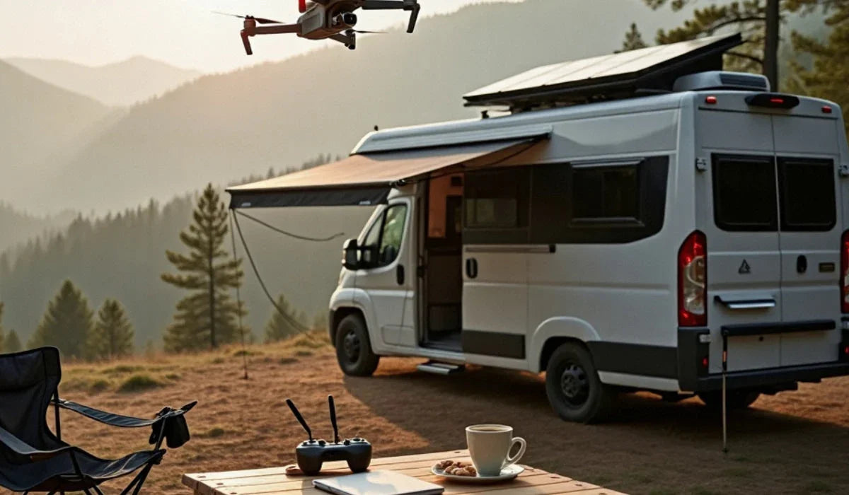 A remote RV campsite in the mountains with outdoor table, coffee cup, and drone controller.