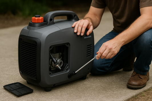Small quiet generator being maintained outdoors—oil check and inspection in progress.