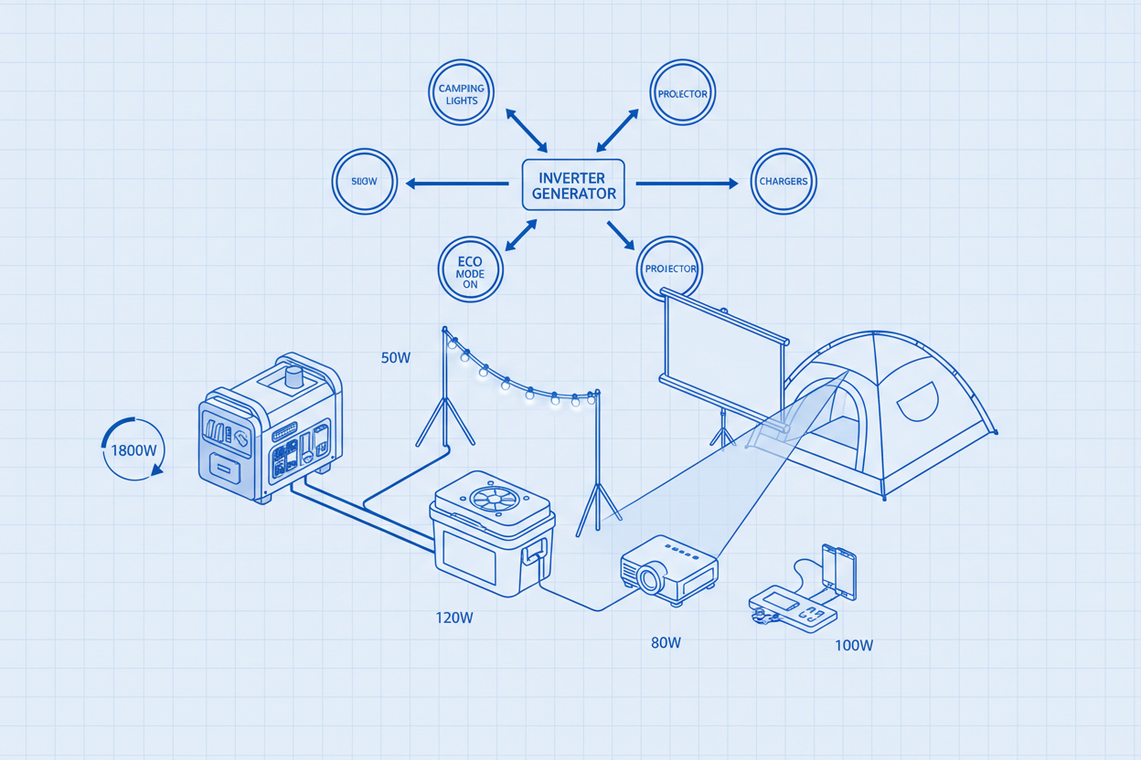 Technical illustration showing a camping setup powered by an inverter generator.