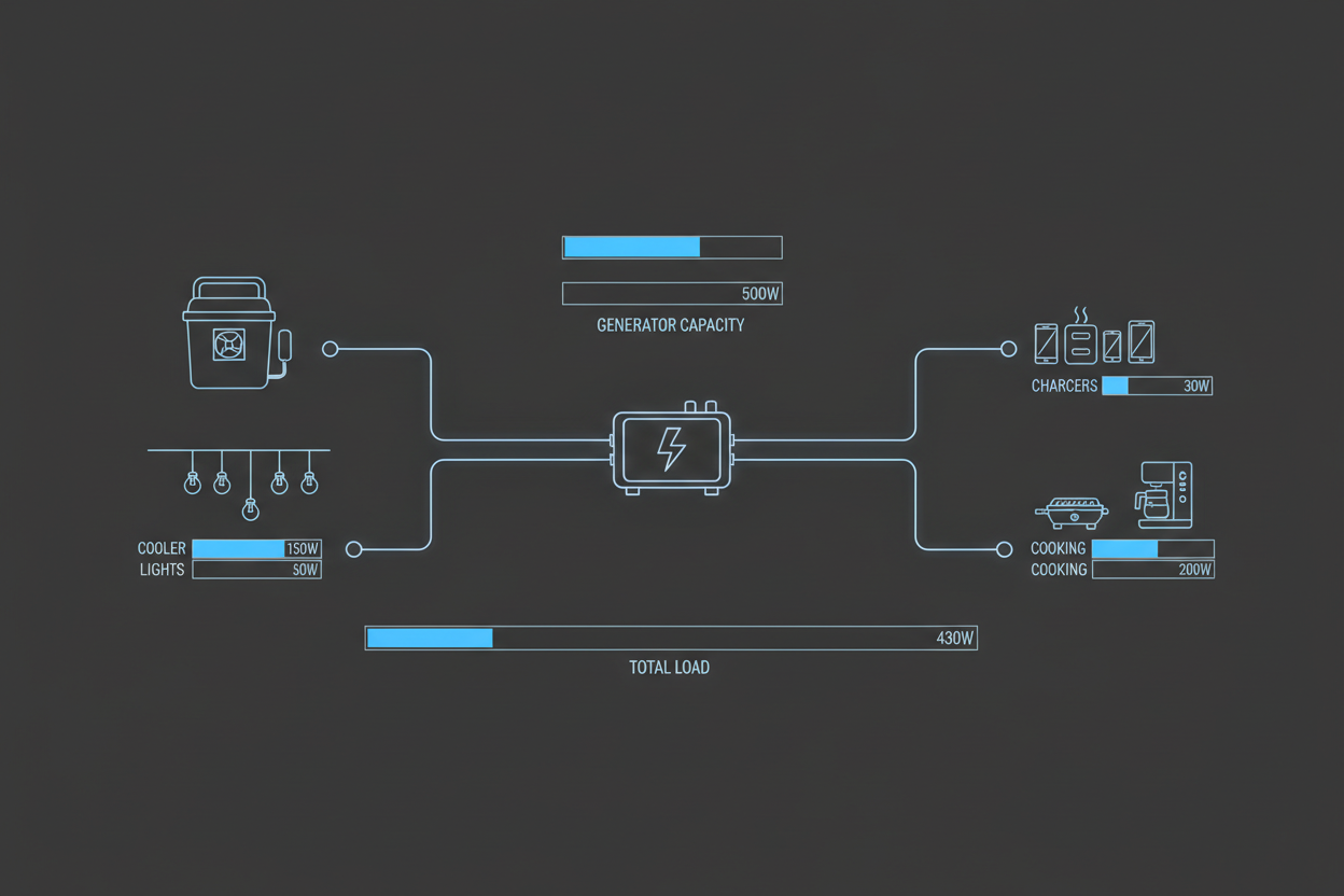 Technical illustration showing generator powering multiple devices at a campsite.