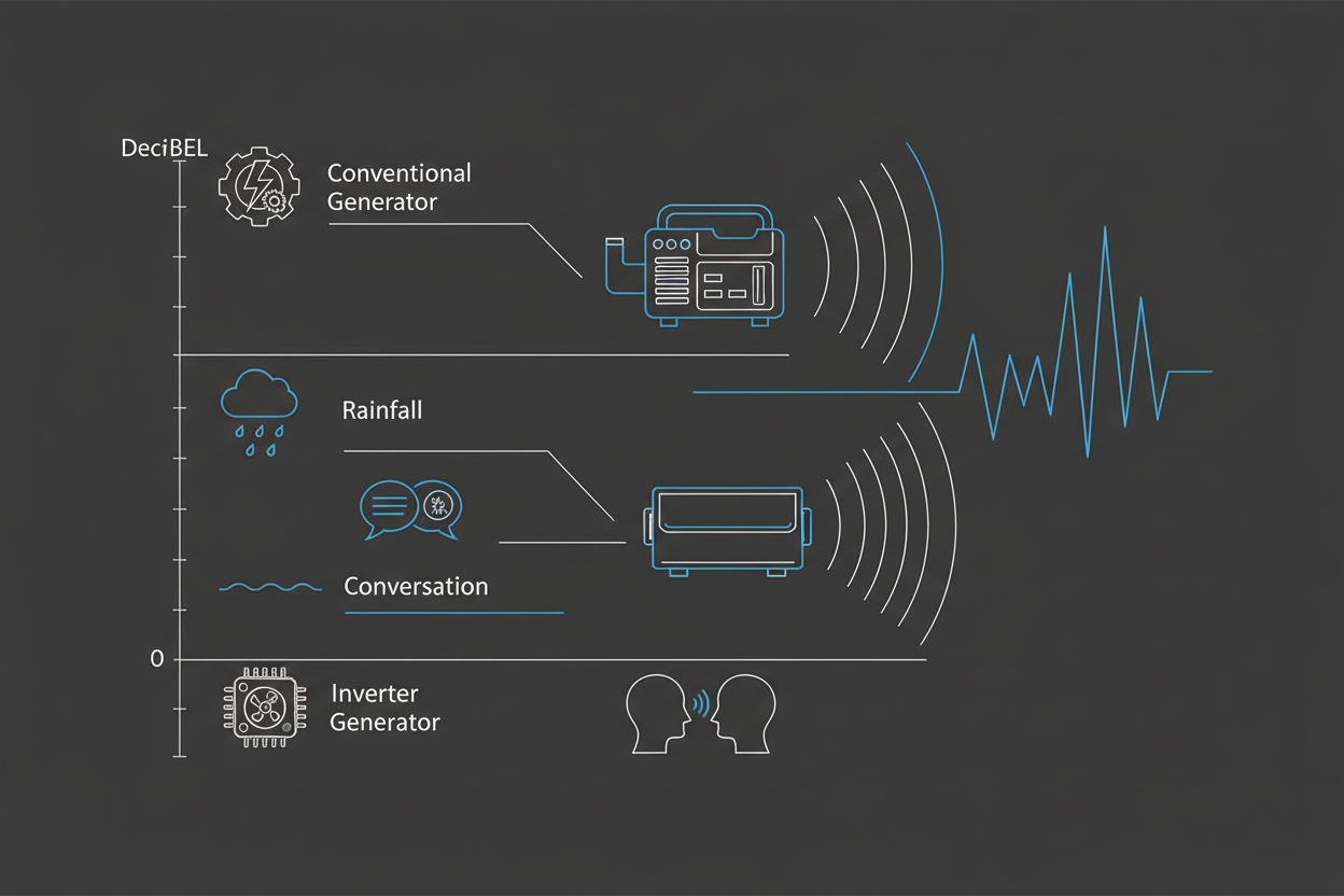 Technical decibel comparison chart showing inverter generator noise levels.