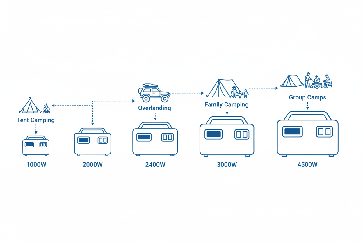 Technical illustration comparing generator sizes for different camping styles.