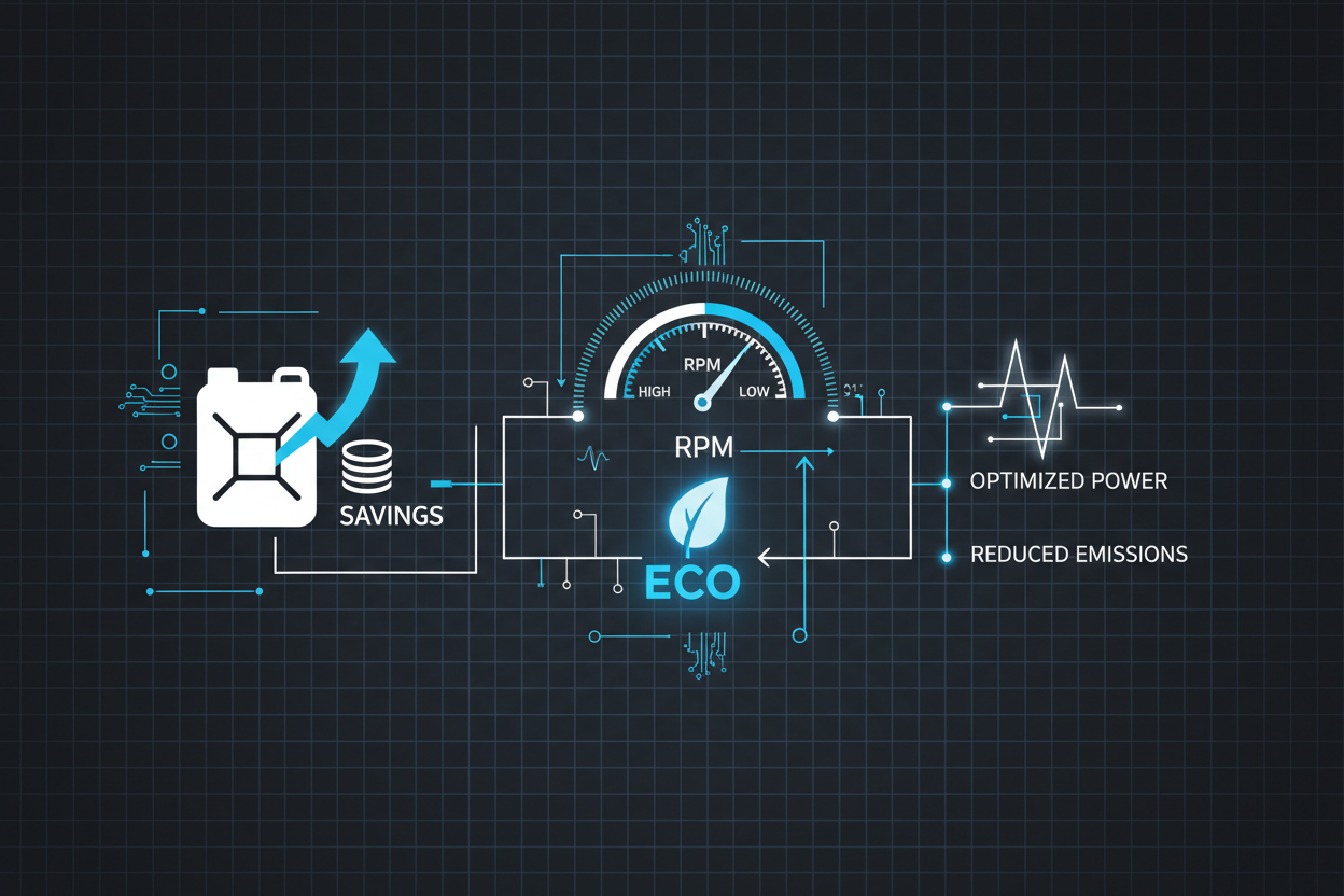 Technical illustration showing inverter generator efficiency with fuel and RPM icons.