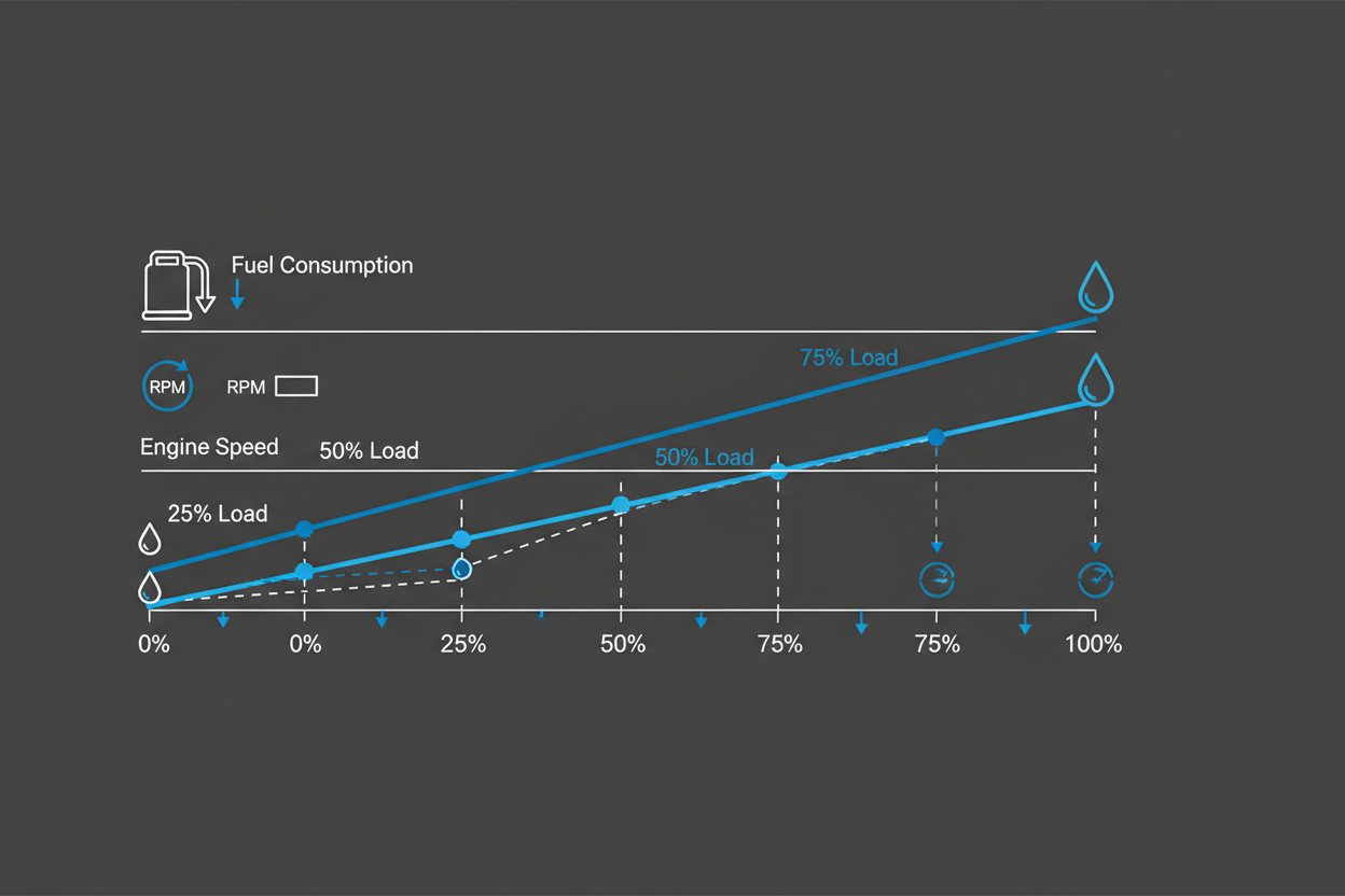 Schematic illustration showing inverter generator fuel consumption at different loads.