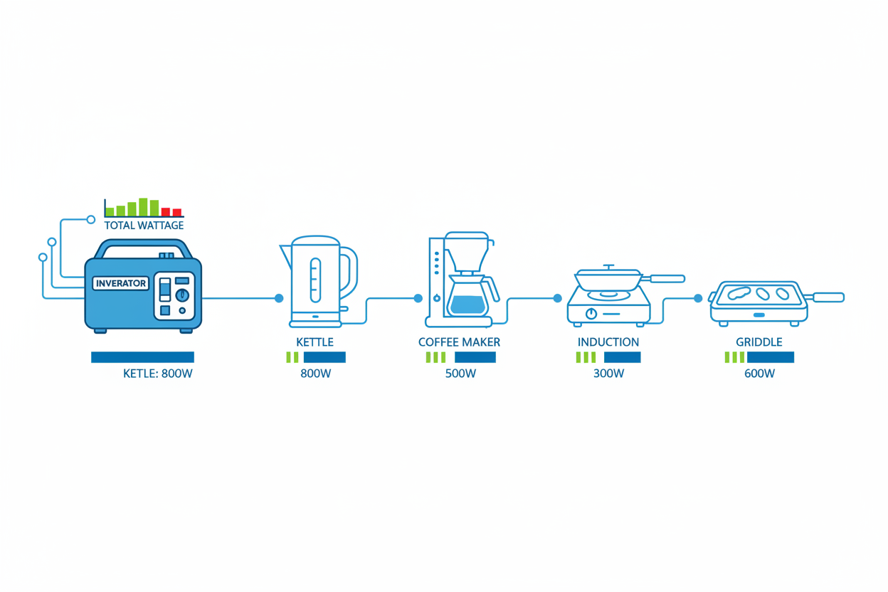 Technical illustration of cooking devices powered by a camping generator.