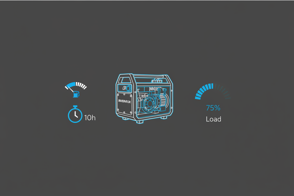 Schematic illustration of inverter generator runtime with fuel and time indicators.