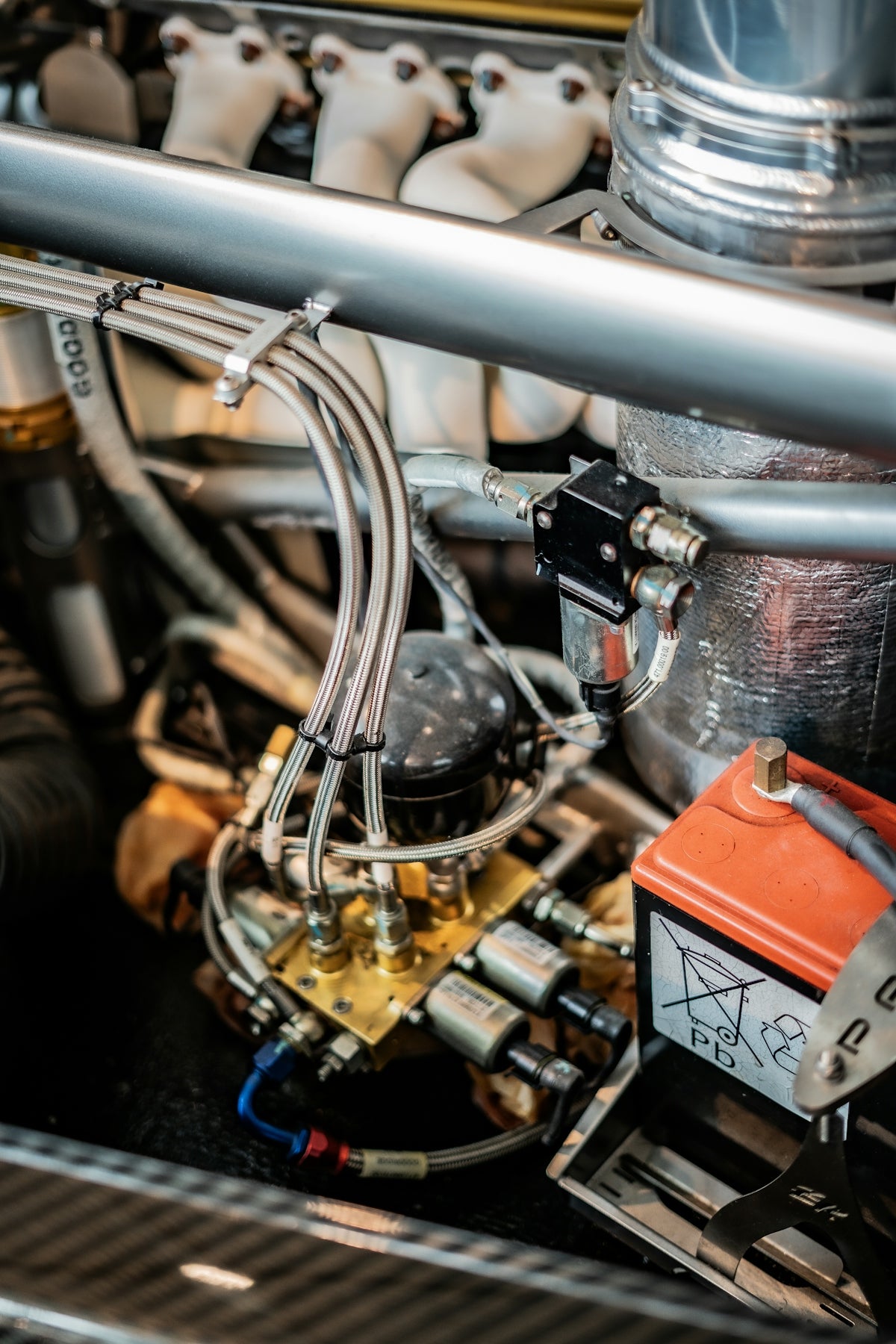 A close up of the engine of a car