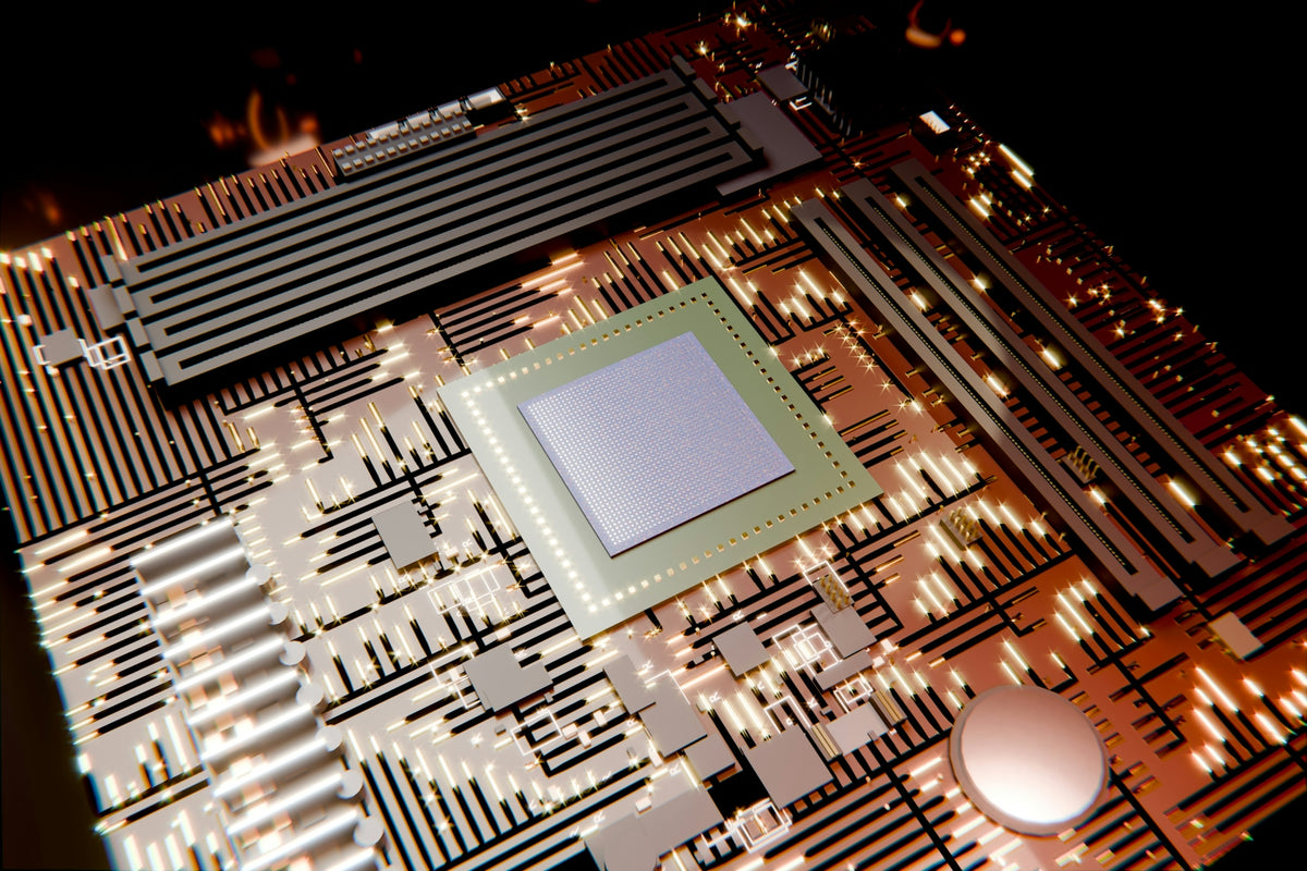 Glowing computer motherboard with a central processor chip