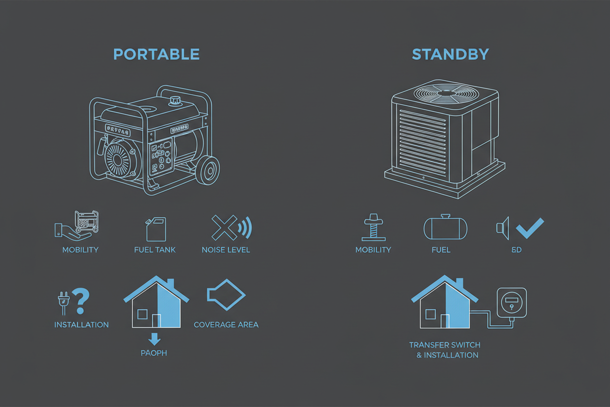 Technical illustration comparing portable and standby generators for home backup power.