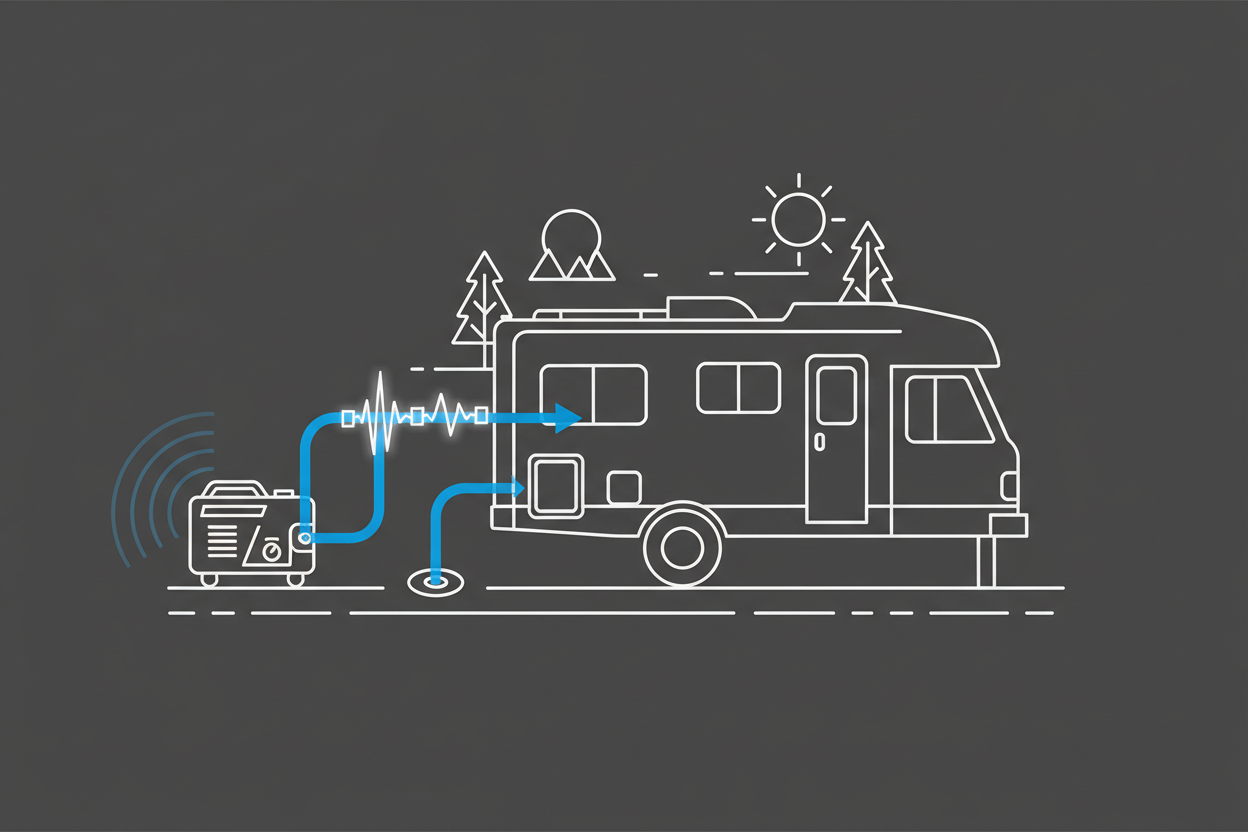 Schematic illustration of an RV using a portable inverter generator at a campsite.