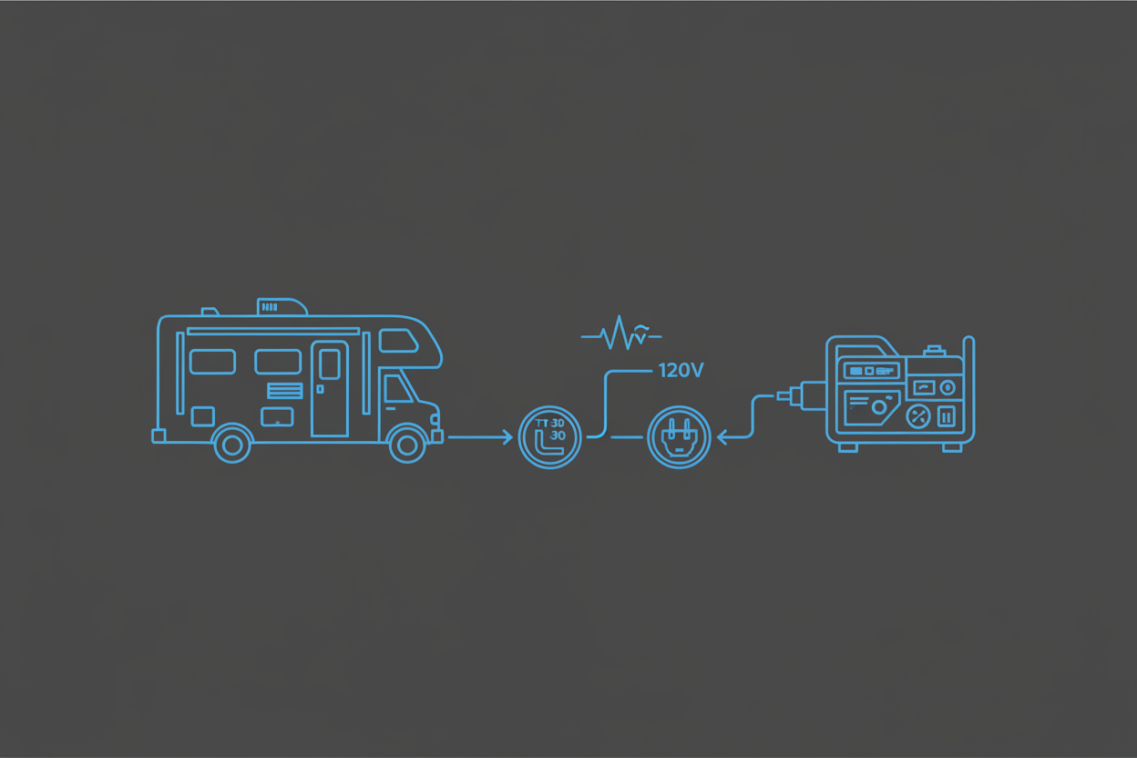 Technical illustration of an RV generator with 30A and 50A RV connectors.