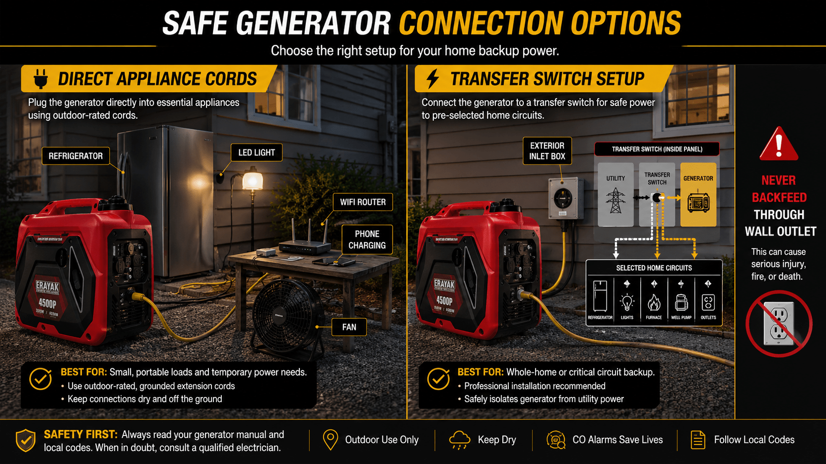 Safe Generator Setup: Transfer Switches, Cords, Location & CO Safety - Erayak Power