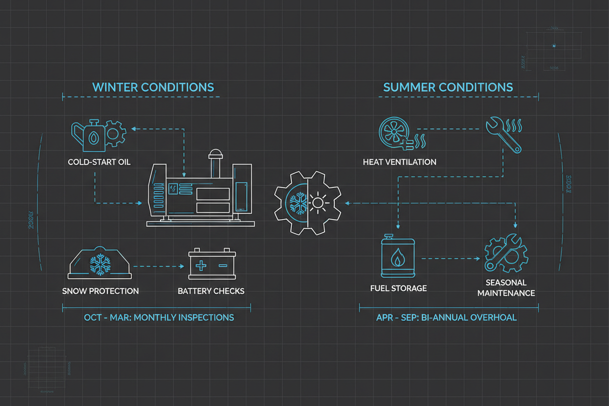 Technical illustration showing seasonal maintenance for home backup generators.