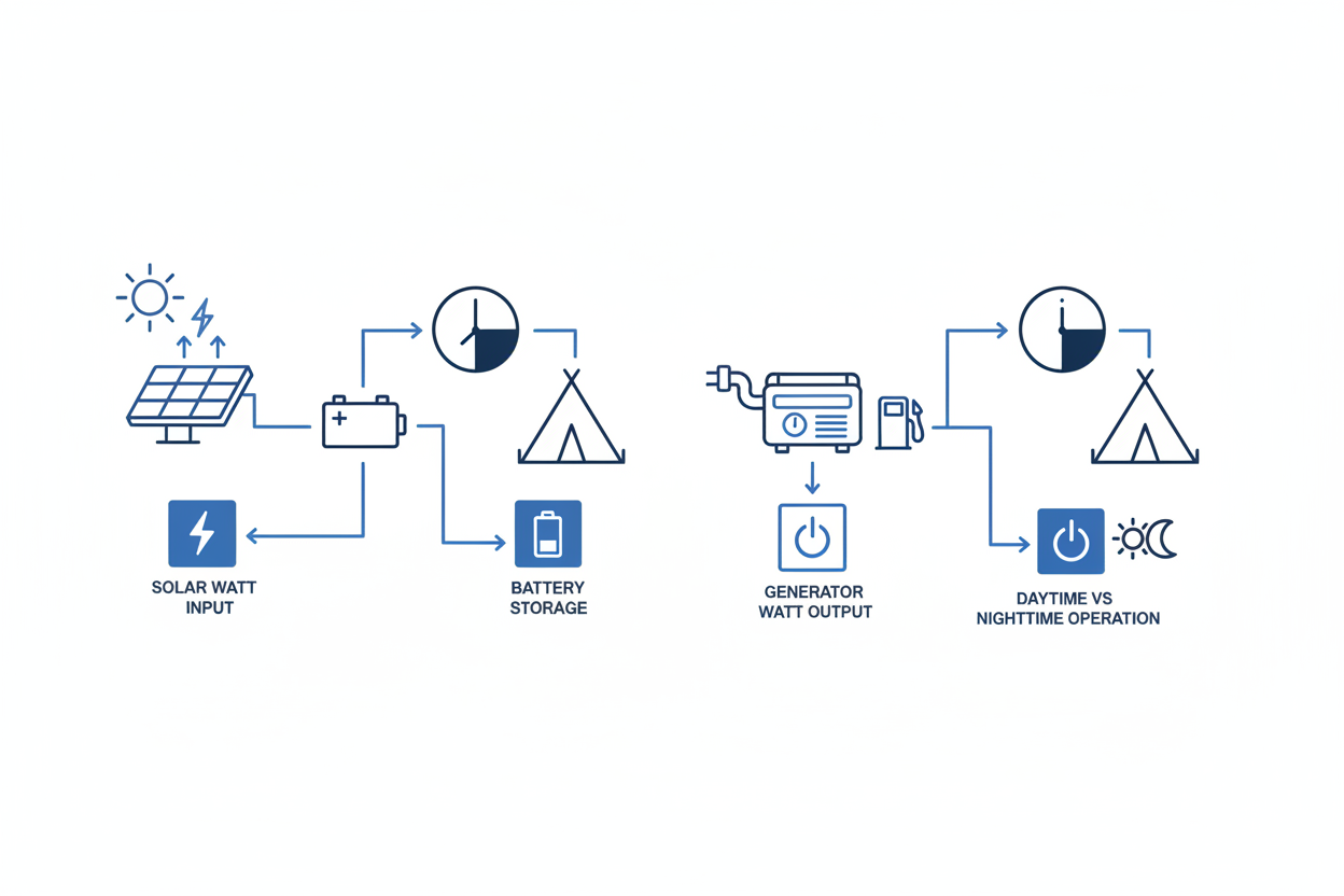 Technical illustration comparing solar and generator power at a campsite.