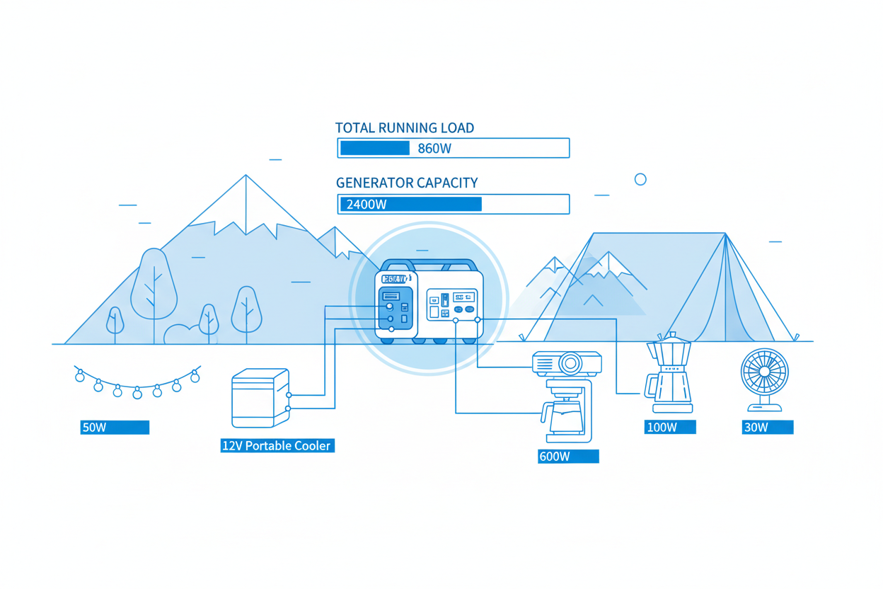 Technical illustration showing what a 2400-watt camping generator can power.