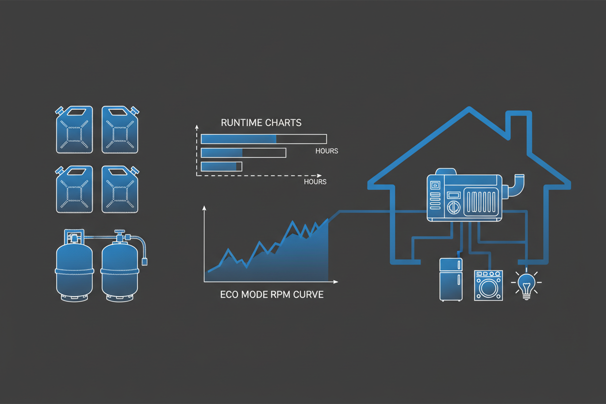 Technical illustration showing fuel planning for a home backup generator.