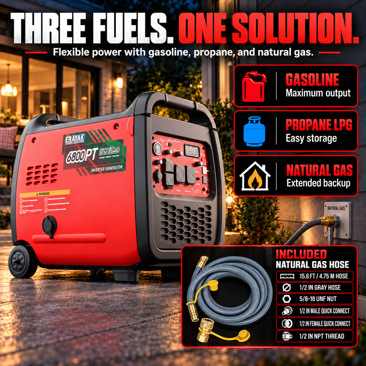 Erayak Tri-Fuel 6800W Inverter Generator for RV Home Backup | 6800PT