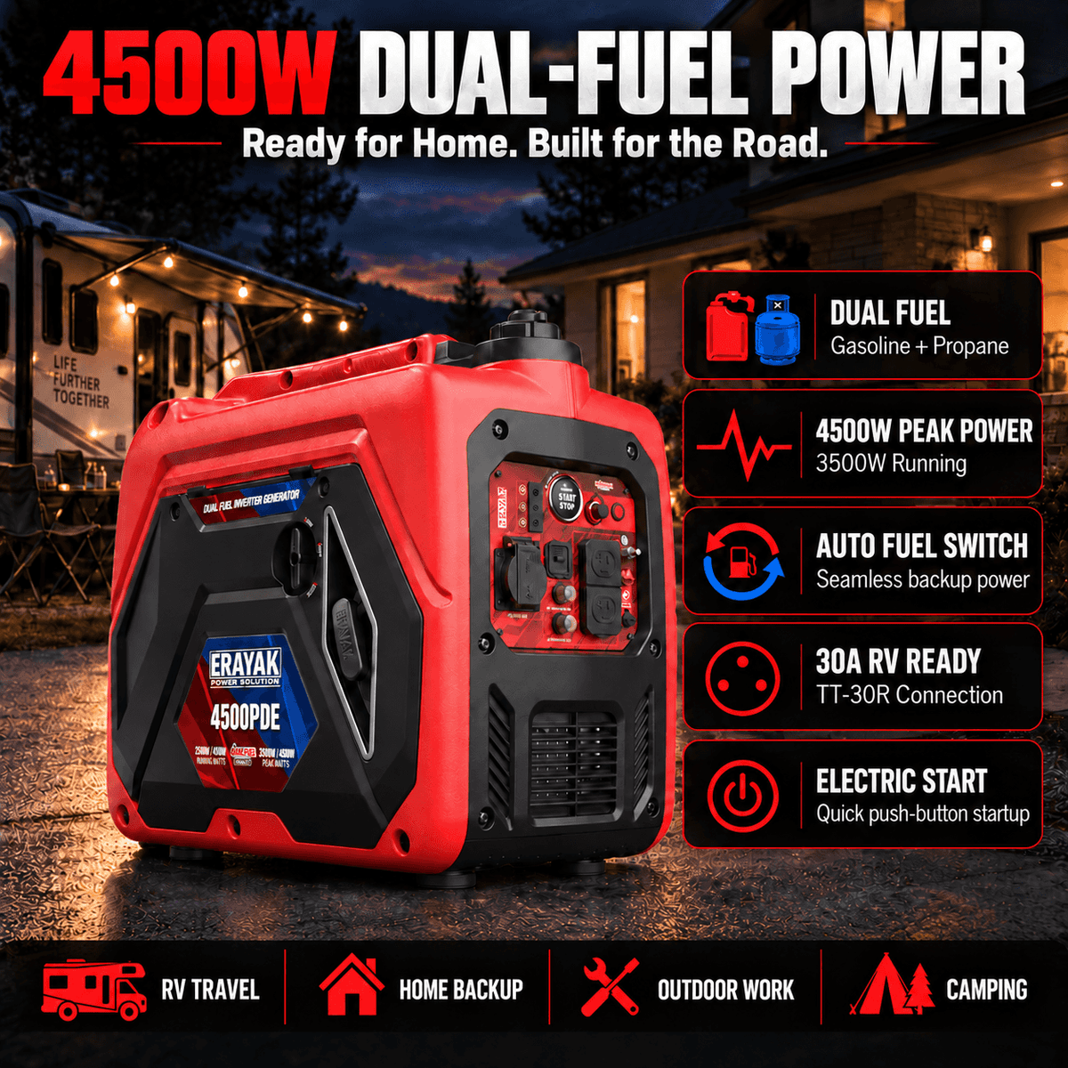 Générateur inverseur portable Erayak 4 500 W, silencieux, bicarburant, EYG4500PD