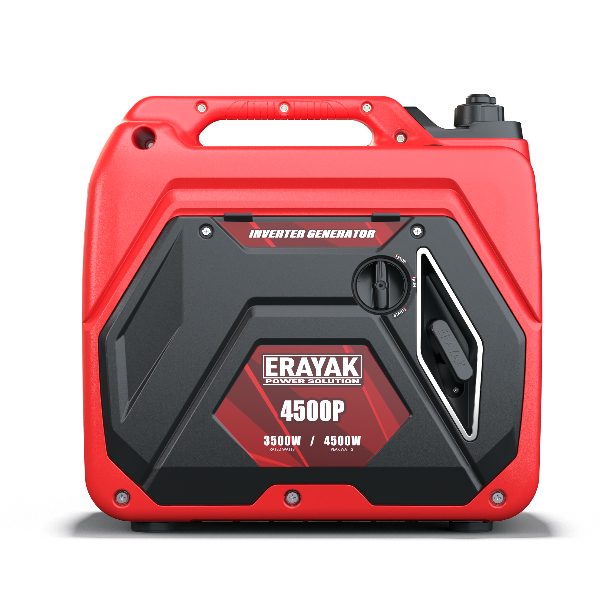 Red portable inverter generator with black front grille, handle, and control panel, designed for RV camping and home backup, SKU: EK-4500P