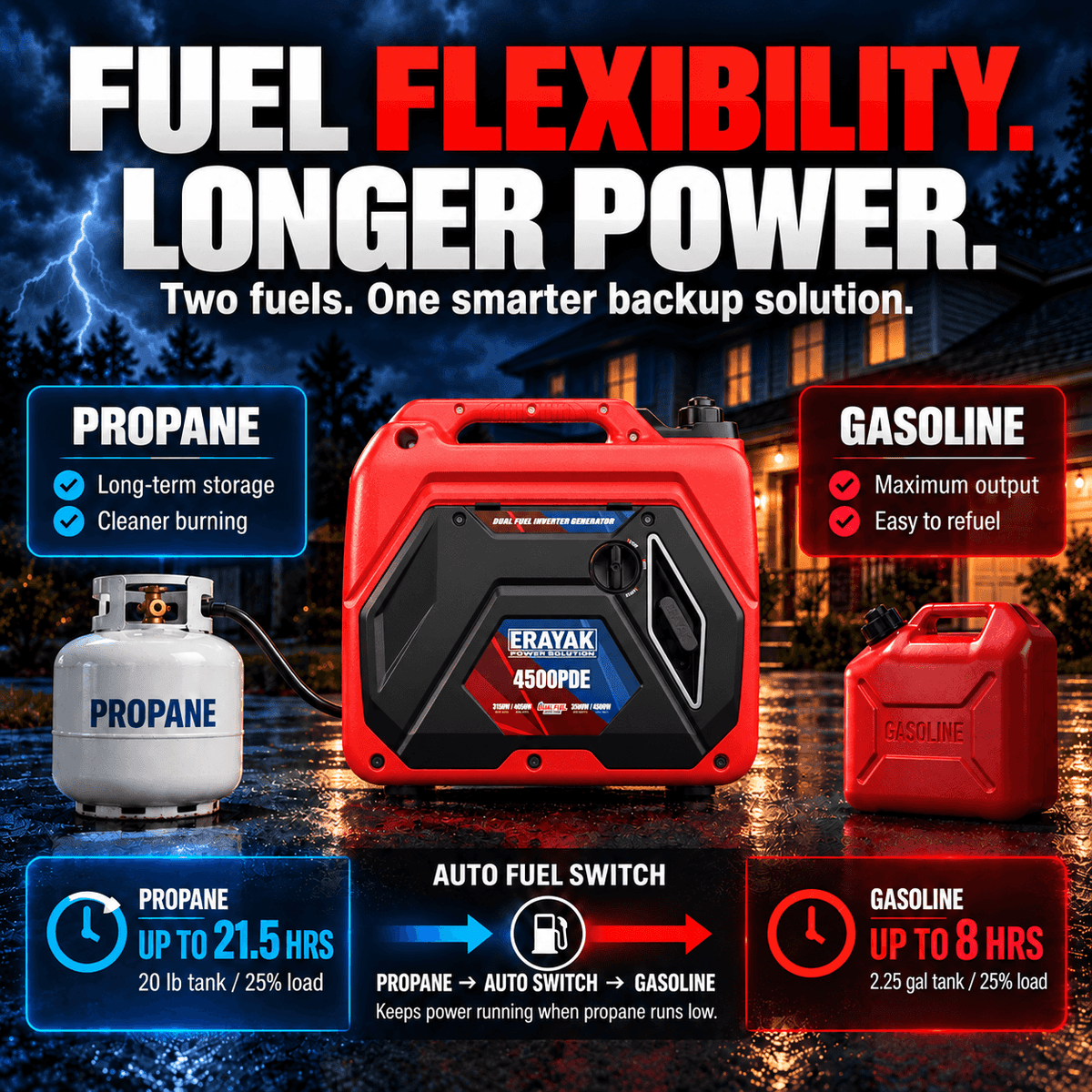 Générateur inverseur portable Erayak 4 500 W, silencieux, bicarburant, EYG4500PD