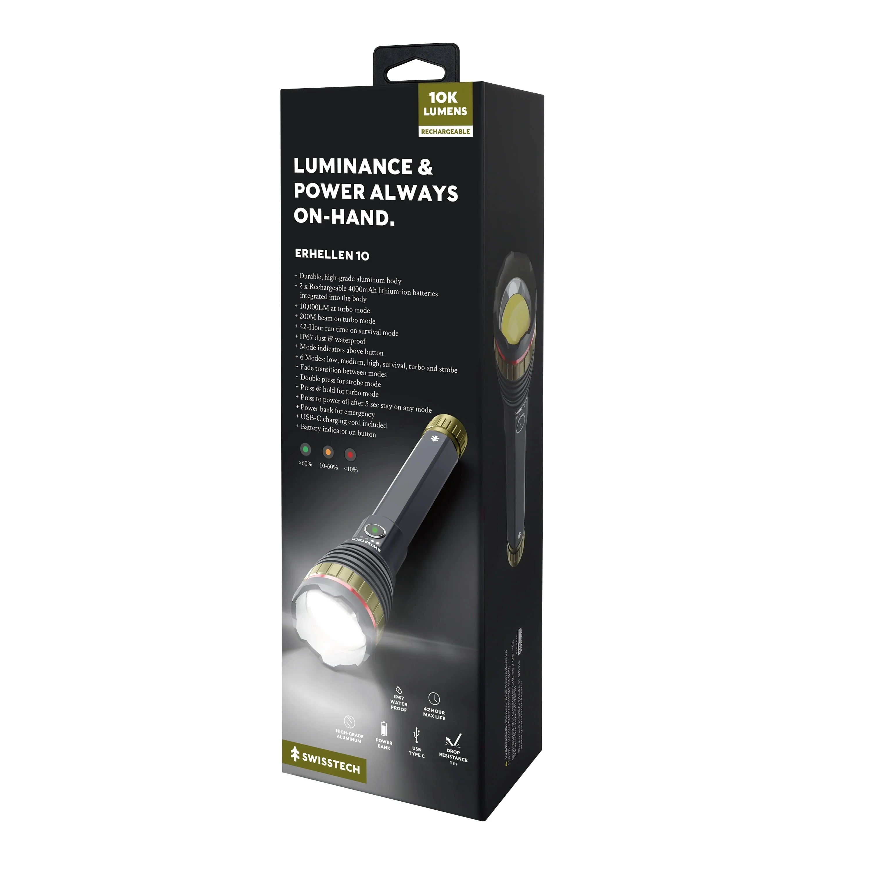 10,000 Lumen Rechargeable LED Flashlight with Power Bank, Waterproof for Camping