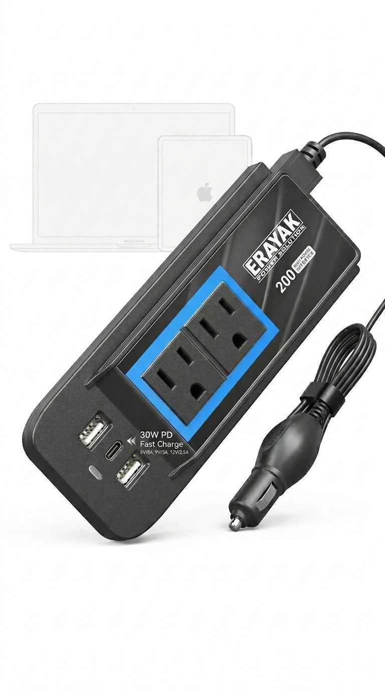 ERAYAK 200W Car Power Inverter - 30W USB-C PD Fast Charging, Dual 110V AC Outlets, Portable Car Adapter for MacBook, iPad, and Pro Electronics