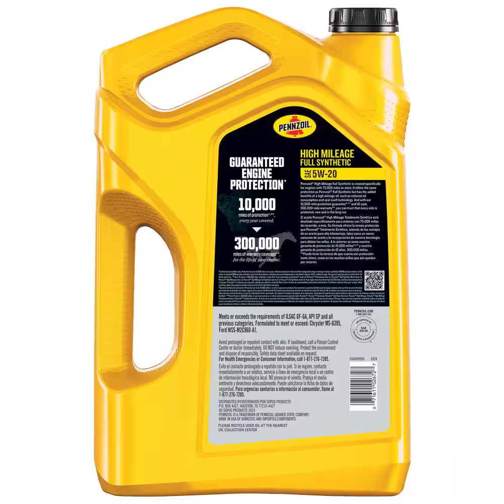 Full Synthetic High Mileage Motor Oil SAE 5W-20 Motor Oil 5 Qt.