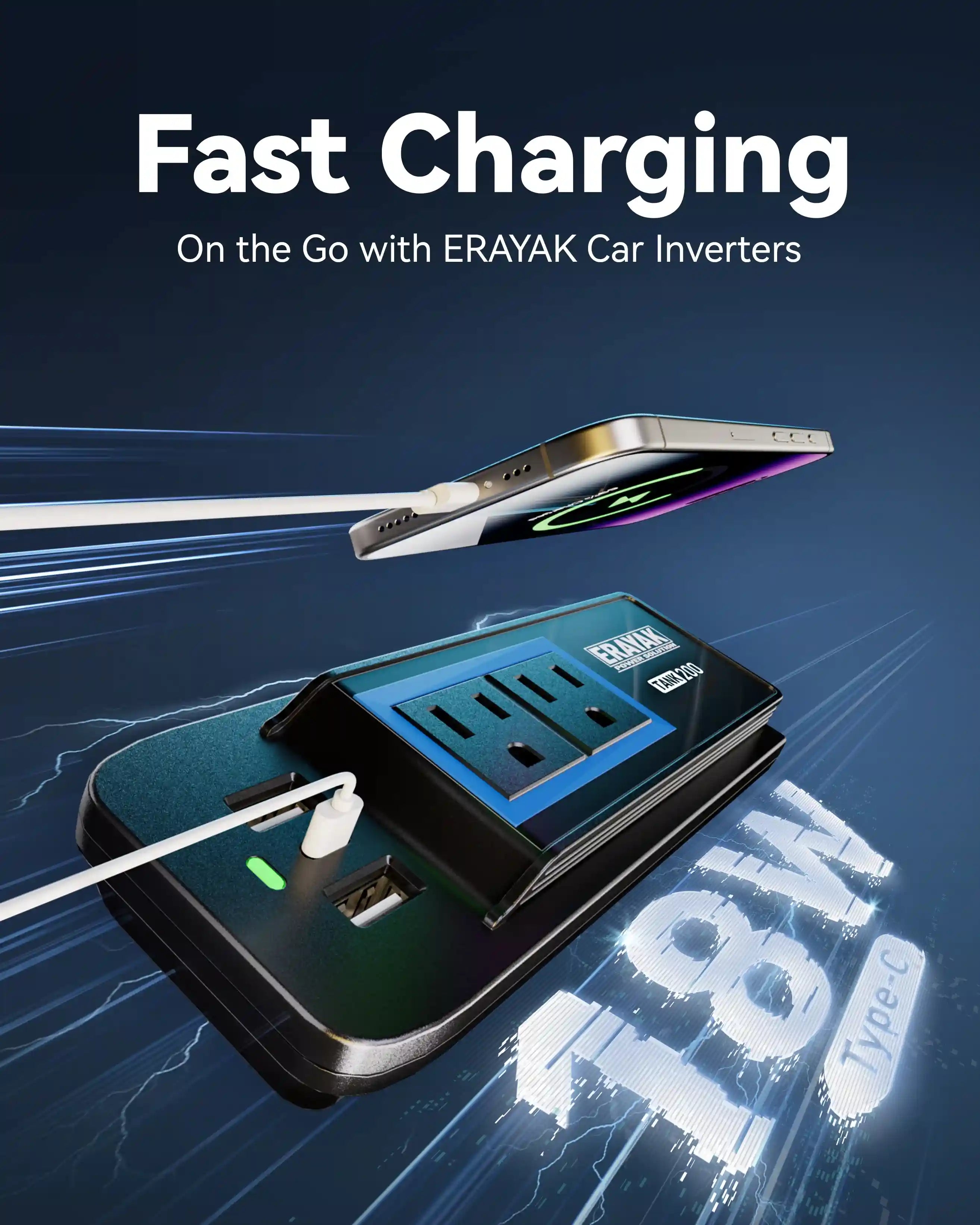 Erayak 12V 200W Continuous Power Inverter USB-C Charger, 3.1A USB for Car, Truck