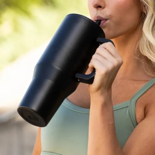 HydroJug Traveler - 40 oz Water Bottle with Handle & Flip Straw - Fits in Cup Holder, Leak Resistant Tumbler-Reusable Insulated Stainless Steel & Rubber Base - Gifts for Women & Men, Wildrose