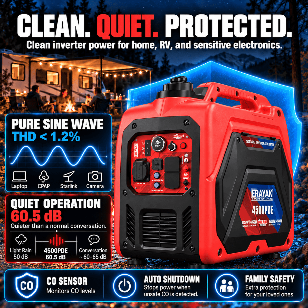 Générateur inverseur portable Erayak 4 500 W, silencieux, bicarburant, EYG4500PD