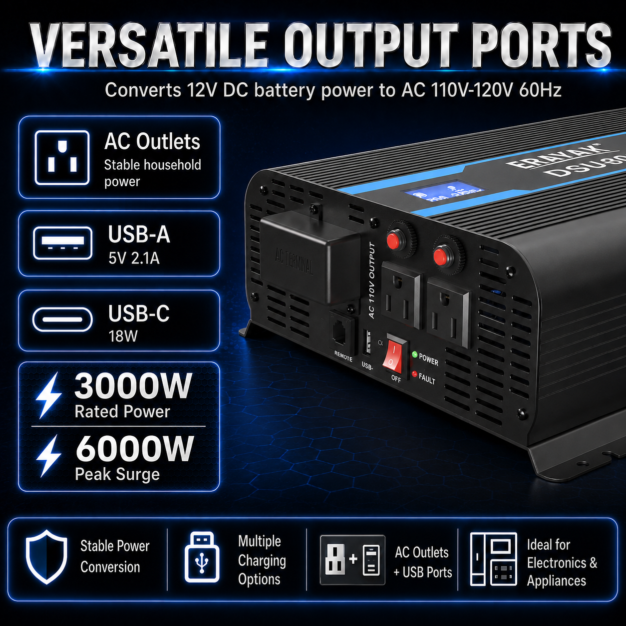 Erayak Onduleur à onde sinusoïdale pure 2000 W 3000 W, convertisseur 12 V DC à 120 V AC – Idéal pour camping-car solaire, camping-car, maison, camion