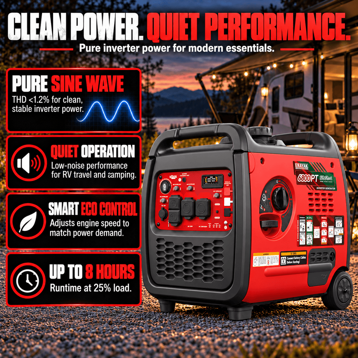 Erayak Tri-Fuel 6800W Inverter Generator for RV Home Backup | 6800PT
