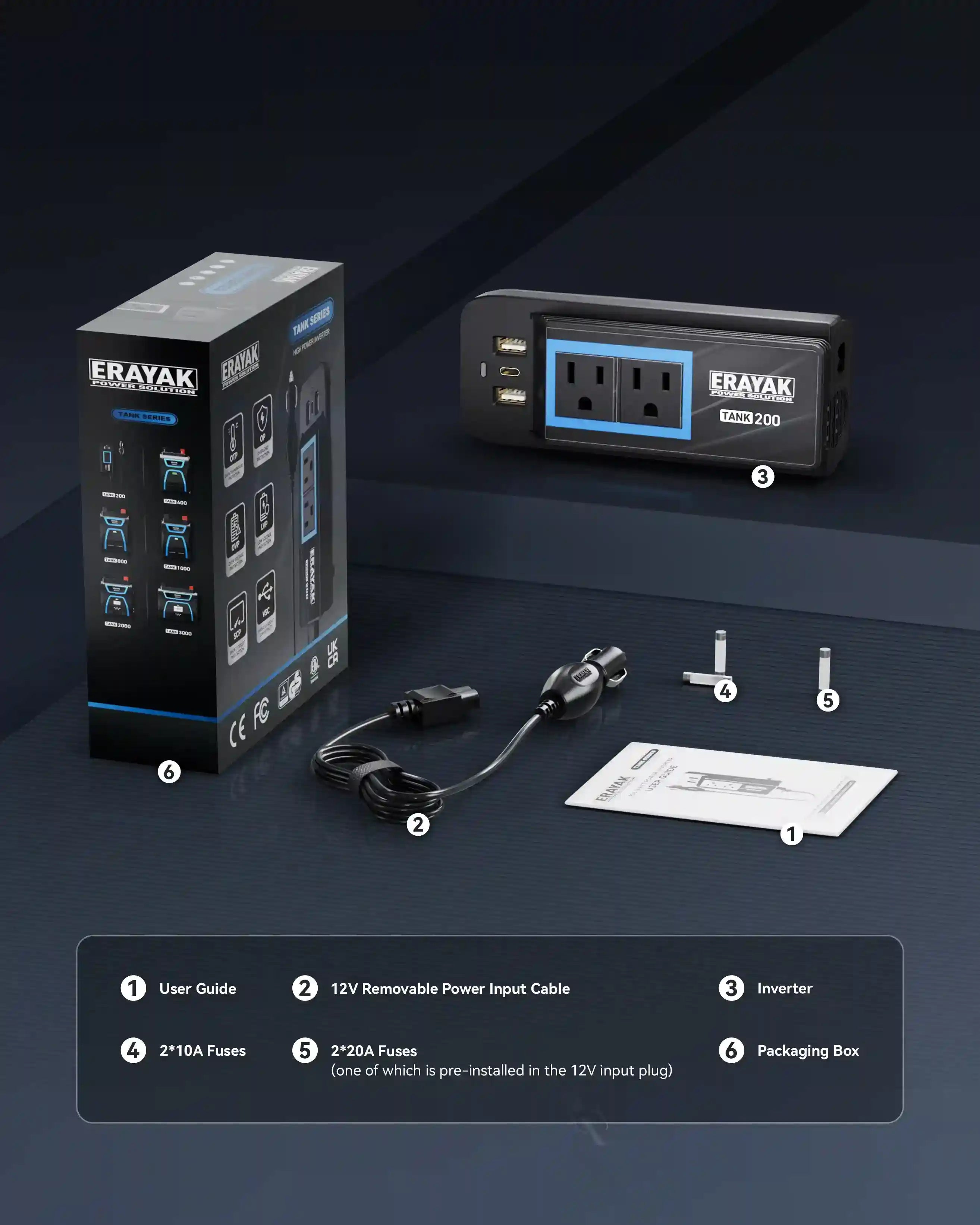 Erayak 12V 200W Continuous Power Inverter USB-C Charger, 3.1A USB for Car, Truck