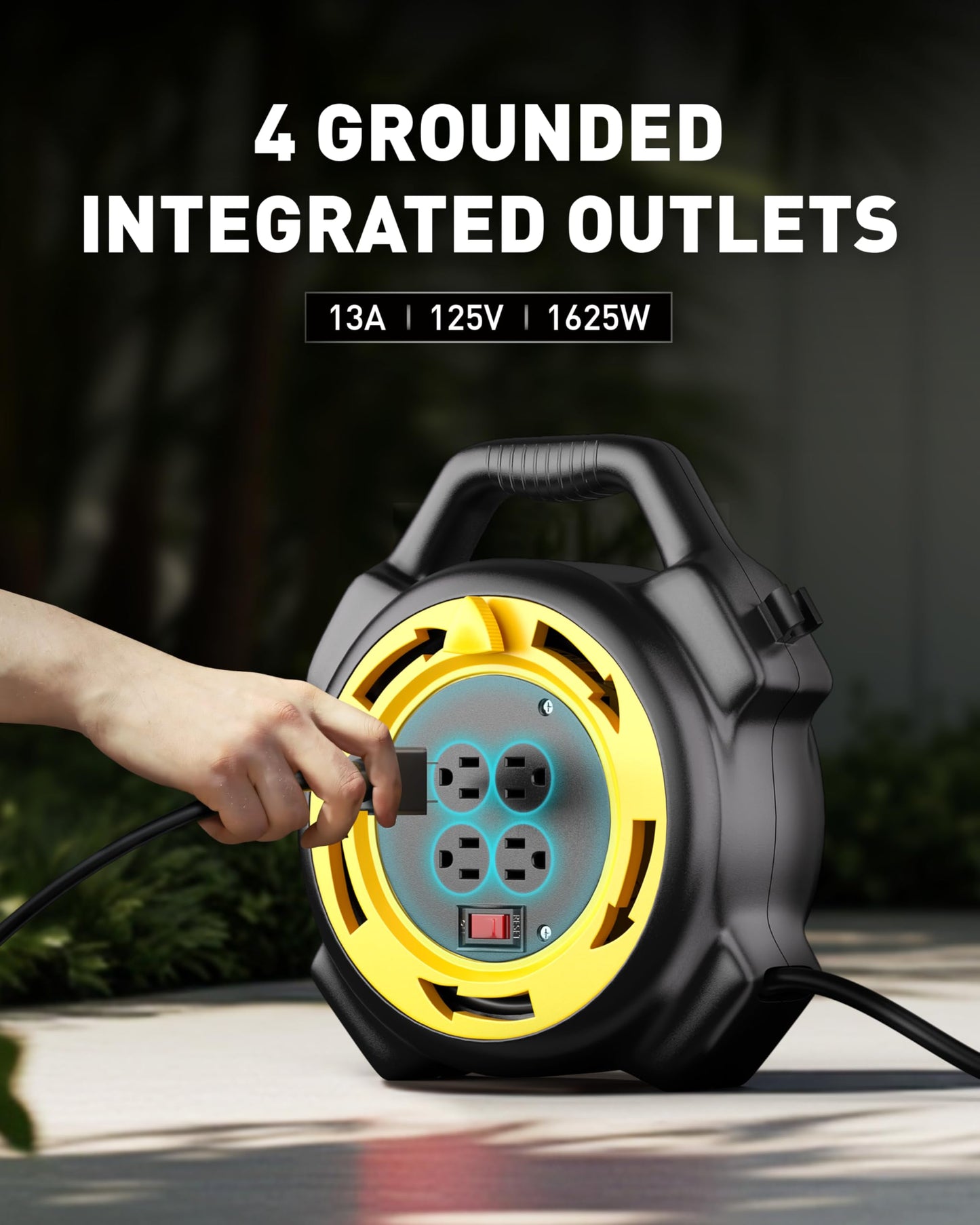ERAYAK Extension Cord Reel with 25 FT Power Cord, Hand Wind Retractable, 16/3 AWG SJTW, 4 Grounded Outlets, 13 Amp Circuit Breaker, Yellow, Black