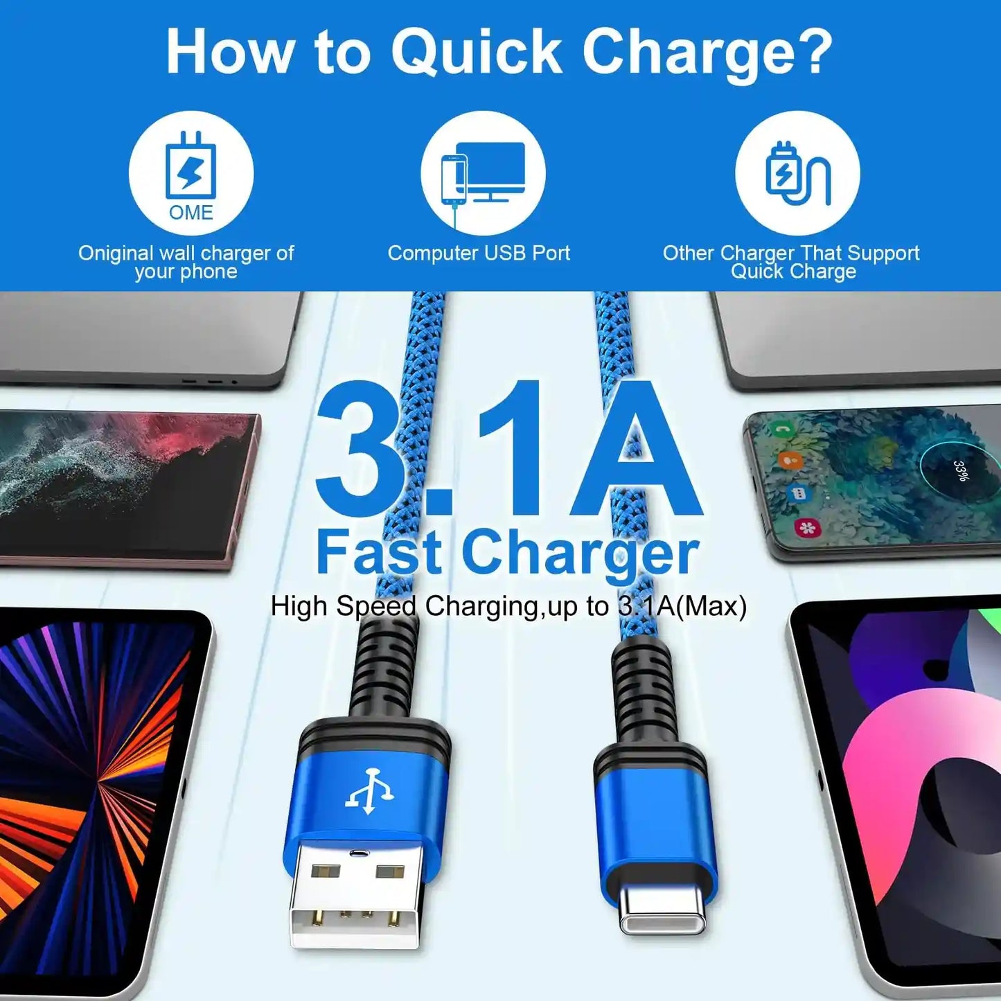 S25 Edge Charger Cable USB C Car Charger Cord for Samsung Galaxy S25 Edge S25 Ultra Plus A16 5G A36 A26 A56 A35 A15, 2 Pack 6FT 3.1A Long Type A to USB C Fast Charging Cable Andriod Phone Power Cord