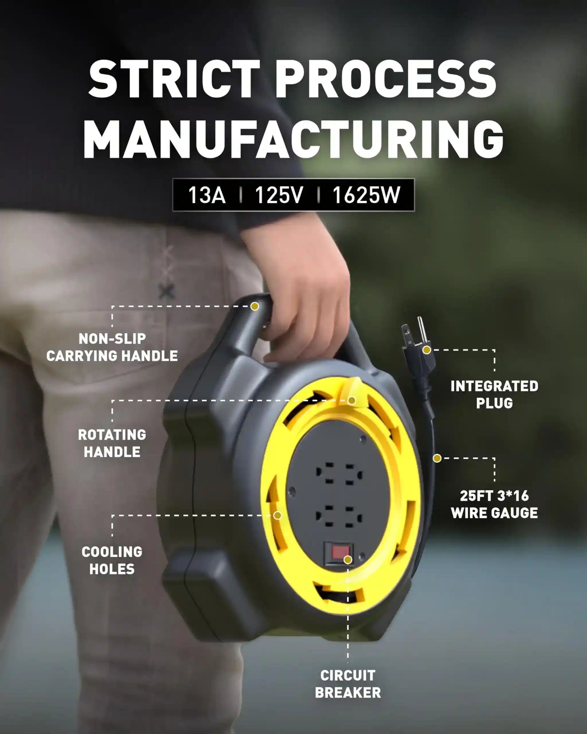 Erayak 25ft Retractable Extension Cord Reel, Hand Wind, 13 Amp 16/3 AWG SJTW