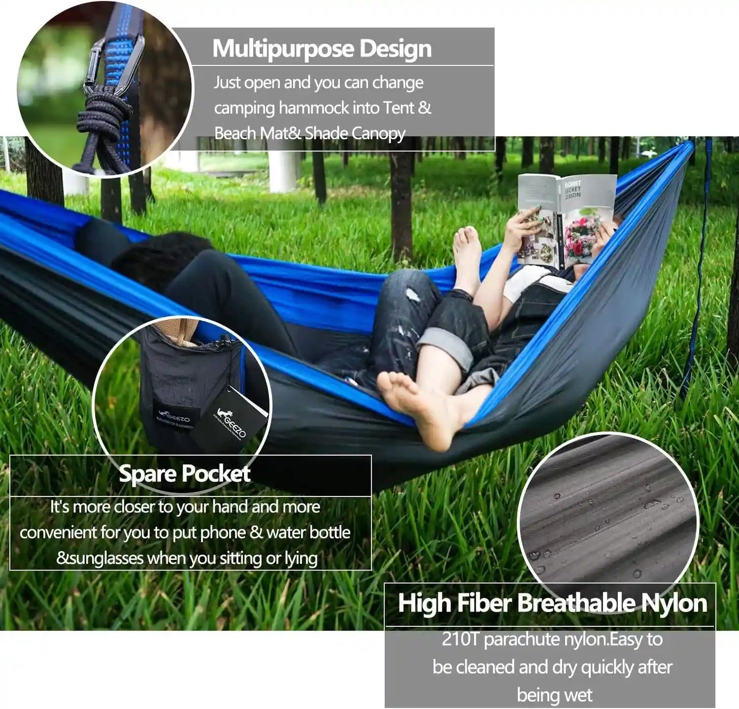 GEEZO Double Camping Hammock, Lightweight Portable Parachute (2 Tree Straps 16 LOOPS/10 FT Included) 500Lbs Capacity Hammock for Backpacking, Camping, Travel, Beach, Garden