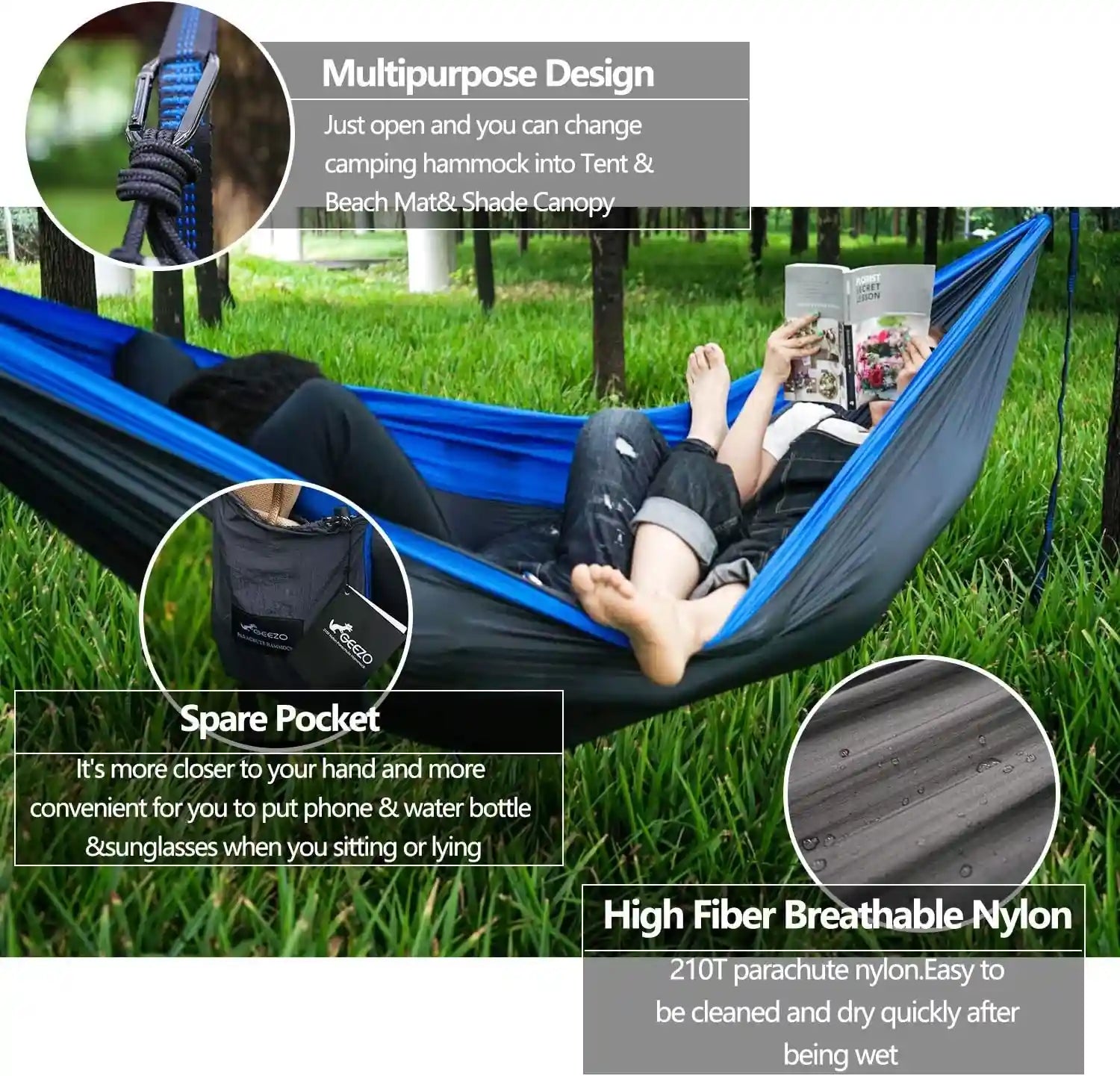 GEEZO Double Camping Hammock, Lightweight Portable Parachute (2 Tree Straps 16 LOOPS/10 FT Included) 500Lbs Capacity Hammock for Backpacking, Camping, Travel, Beach, Garden