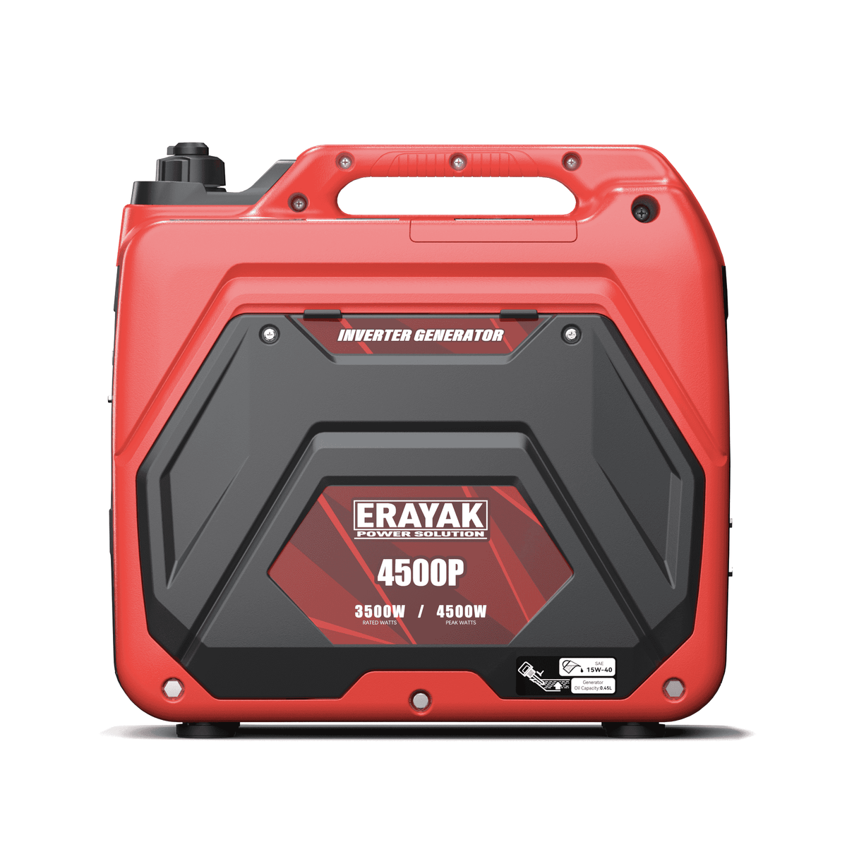 Red portable inverter generator with black front grille, handle, and control panel, designed for RV camping and home backup, SKU: EK-4500P