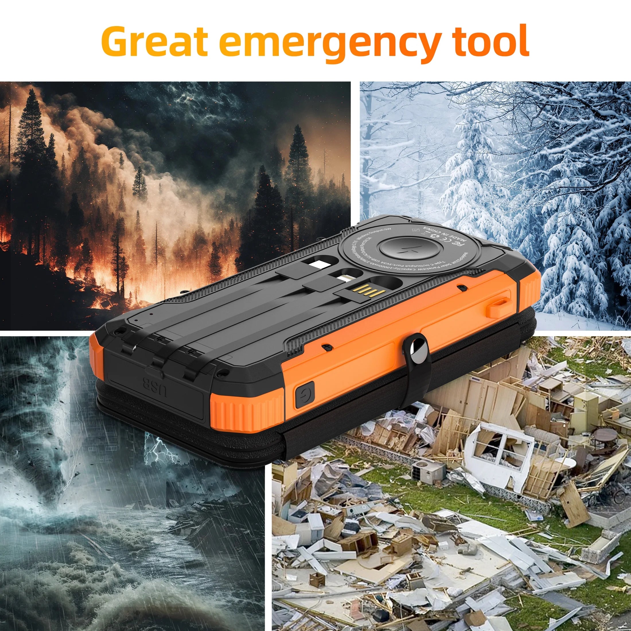 20000Mah Solar Power Bank with 4 Solar Panels,Portable Charger with Built-In 3 Cables and 5W Wireless Charging,Phone Charger Compatible with Iphone/Android-Camping/Travel Essentials(Orange)