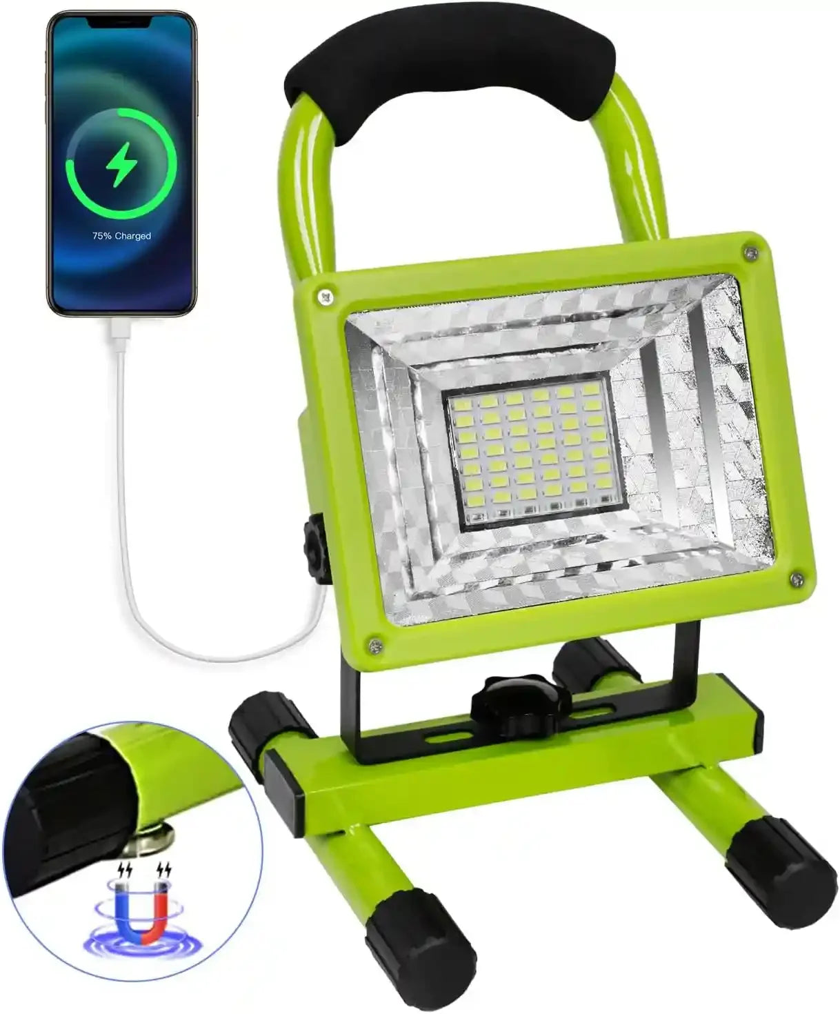 LANFU 30W LED Work Light with Stand, 90° Tiltable 360° Rotation Handle Weatherproof Magnetic Portable Rechargeable Mechanic Travel for Construction Site Jetty Workshop Garage Emergency Camping Green