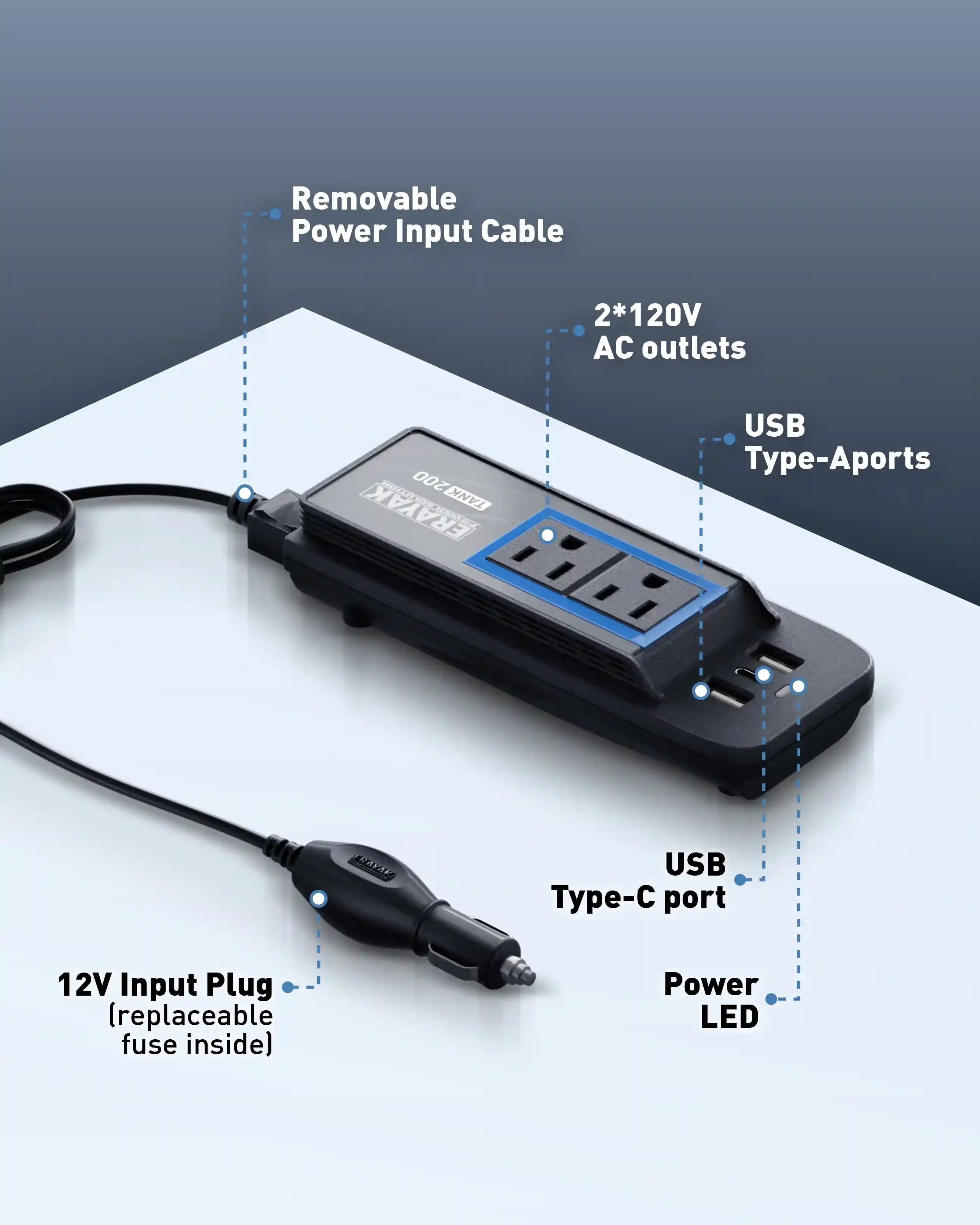 Erayak 12V 200W Continuous Power Inverter USB-C Charger, 3.1A USB for Car, Truck