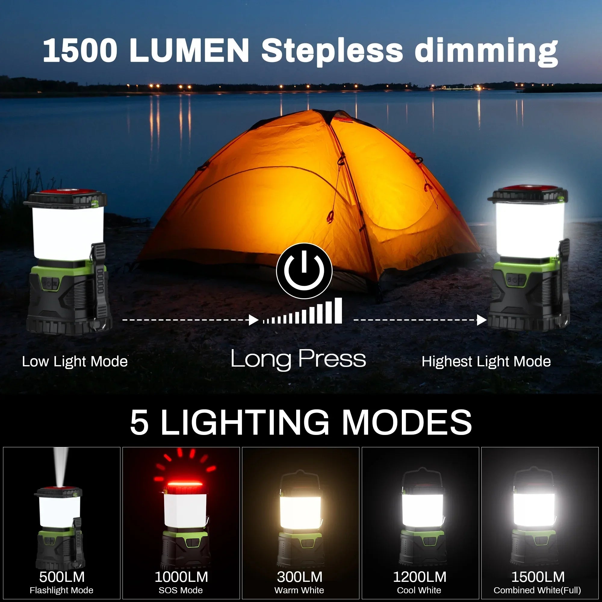 Camping Lantern Rechargeable, 1500LM 4400Mah Camping Lights with 5 Light Modes, IP44 Waterproof Flashlight for Power Outages, Emergency, Home