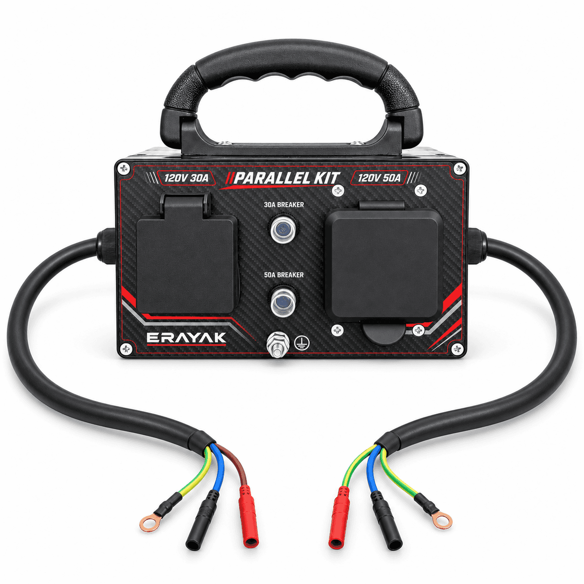 Black ERAYAK generator parallel kit with dual power outlets, heavy-duty cables, and circuit breakers for inverter generators