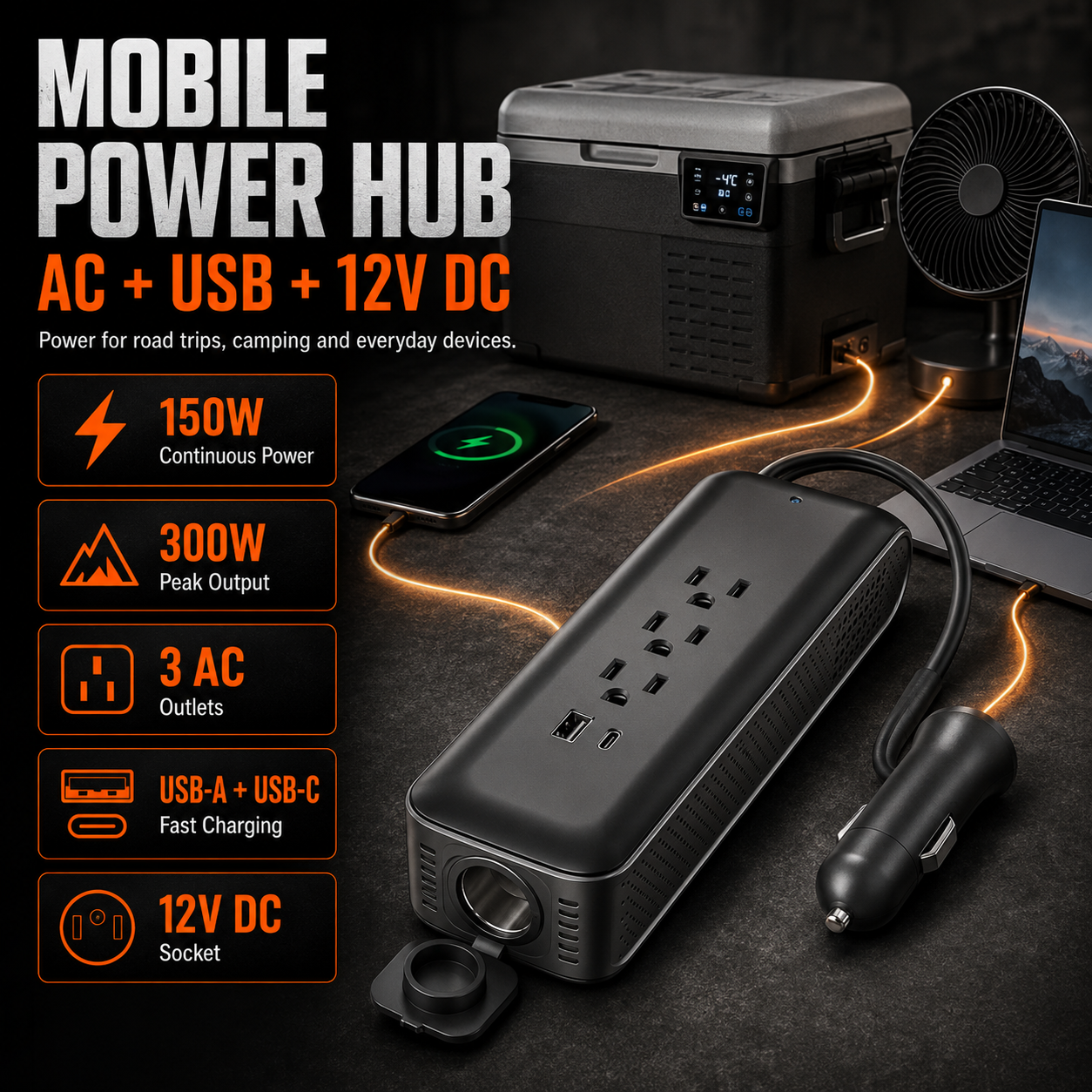 ERAYAK 150W Car Power Inverter - 3 AC Outlets, USB-C & USB-A Fast Charging
