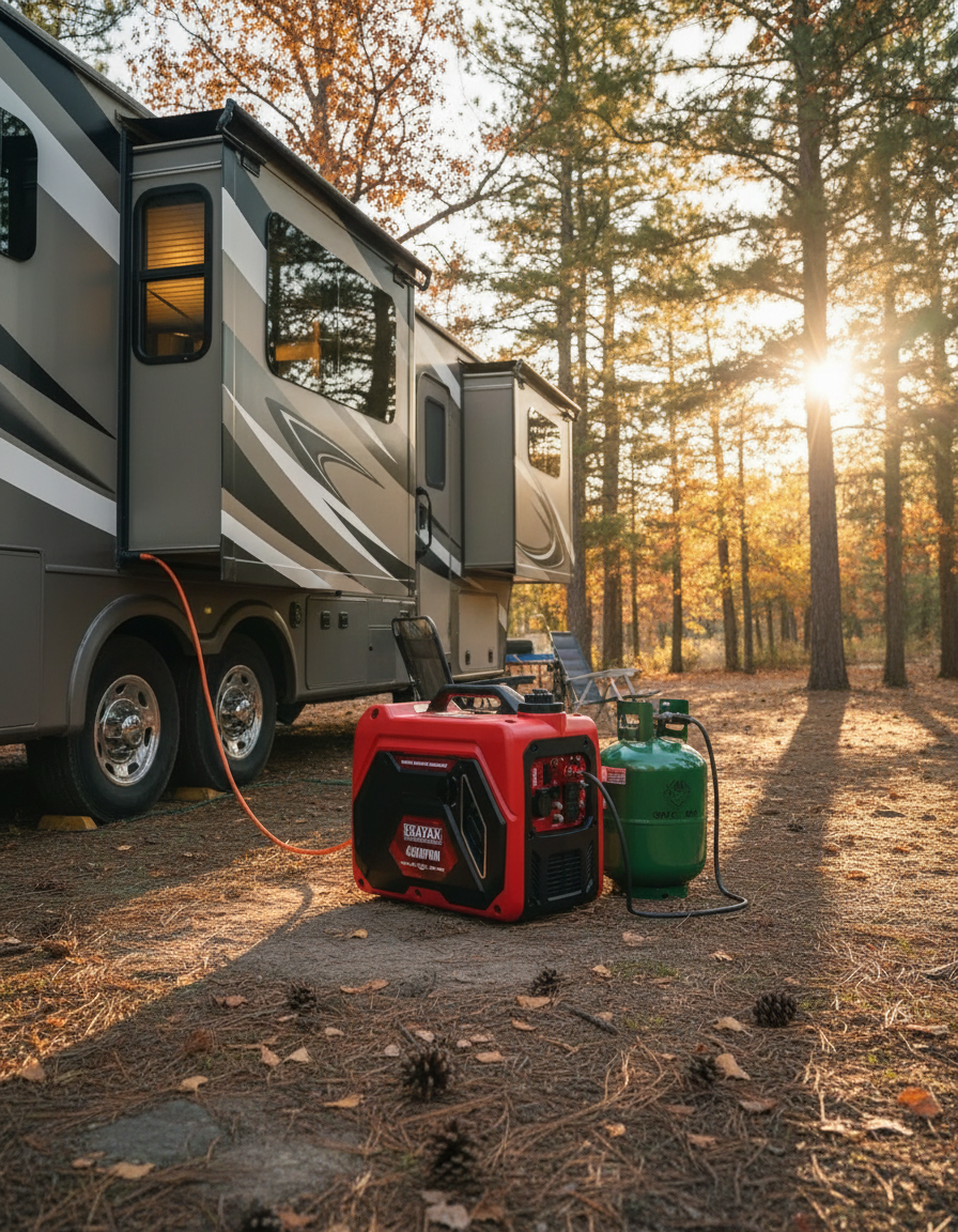Erayak 4500W Generator Powering RV at Campground - Quiet 52dB Dual-Fuel Camping Power