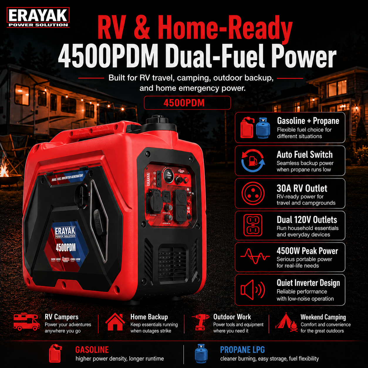 Erayak Generador Inversor Portátil 4500W, Silencioso, Doble Combustible, EYG4500PD